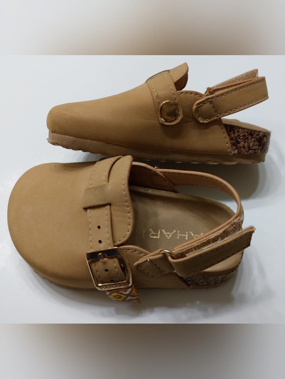 Kids-Tahari Tan Sandals with Gold Buckle and Embroidered Accent